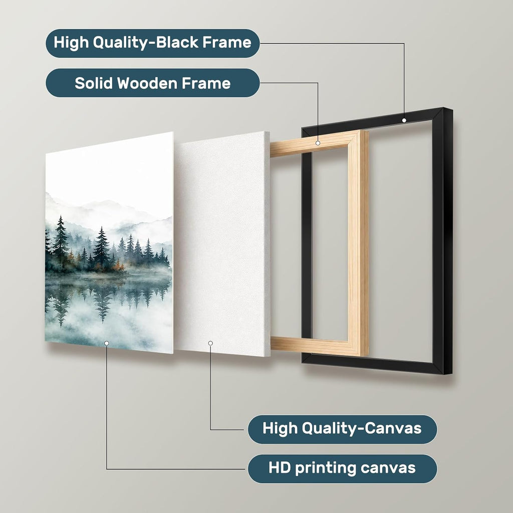 Framed Nature Mountain Wall Art, 3 Piece Forest Watercolor Canvas Prints, Misty Lake Landscape Pictures Bedroom