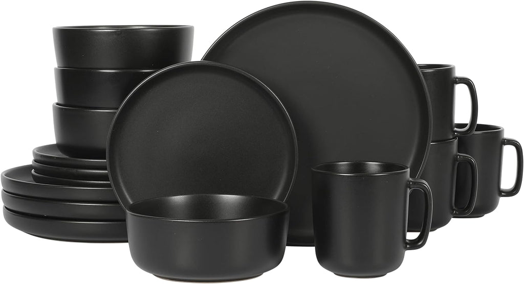 Zuma Stoneware Plates, Bowls, & Mugs Dinnerware Set - Matte Black, Service for Four (16pcs)
