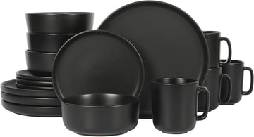 Zuma Stoneware Plates, Bowls, & Mugs Dinnerware Set - Matte Black, Service for Four (16pcs)