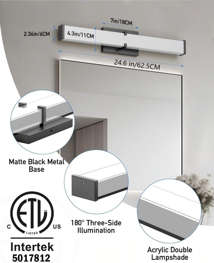 Modern 24IN Black Bathroom Vanity Light, 25W 2500 Lumen Dimmable, 5CCT, ETL Certified