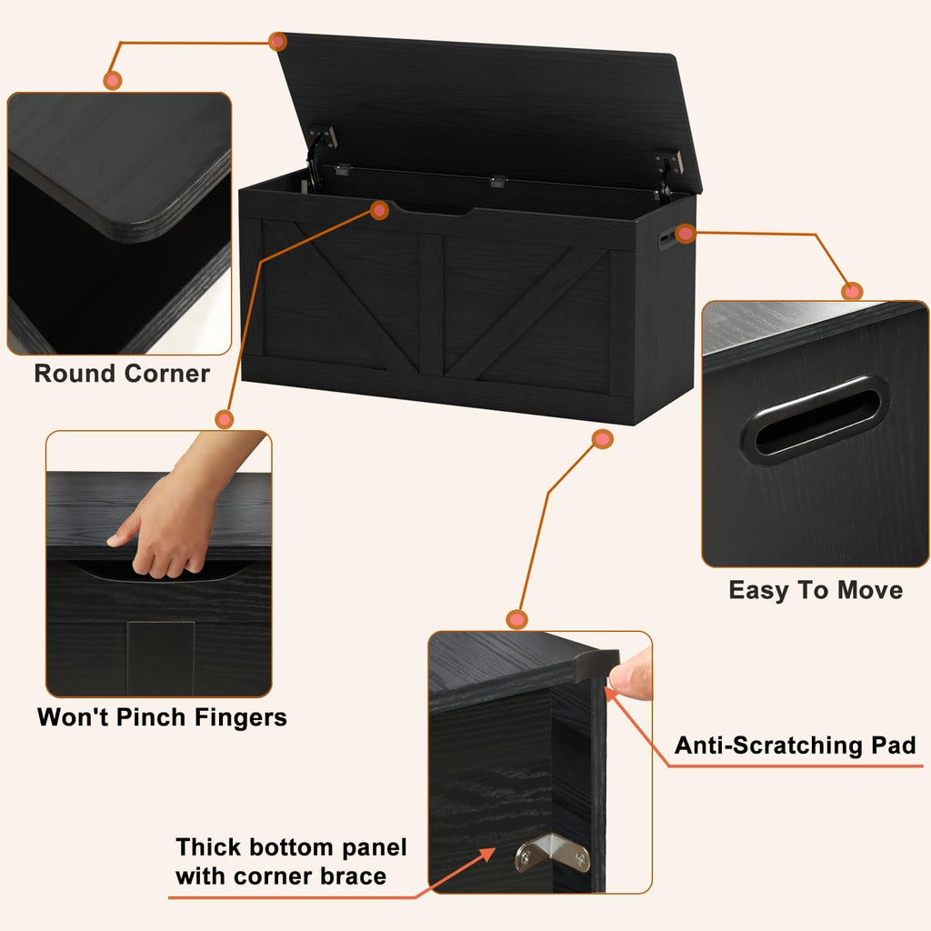 39.4" Storage Chest, Wooden Storage Bench, Large Storage Trunk | Entryway Shoes Bench with 2 Safety Hinges, Black