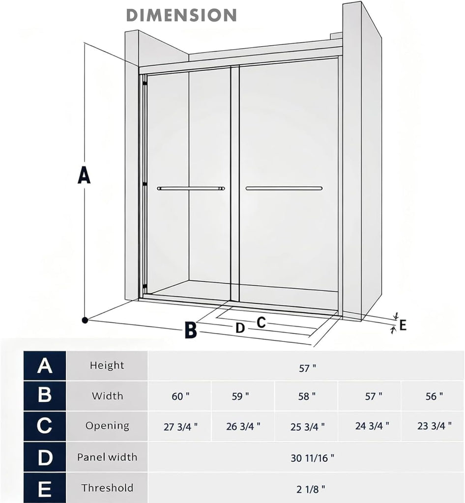 56''-60" W×57" H Black Bathtub Shower Door, 60 Inches Semi Frameless Shower Door for Bath tub