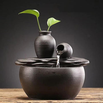 Ceramic Tabletop Fountain and Home Decoration Table Desk Office Patio (Ceramic Pot Fountain) (Black)