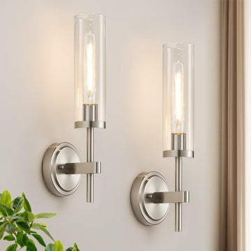 Wall Sconces Set of Two, Brushed Nickel Bathroom Sconces with Clear Glass, Hardwired Sconces Wall Decor Set of 2