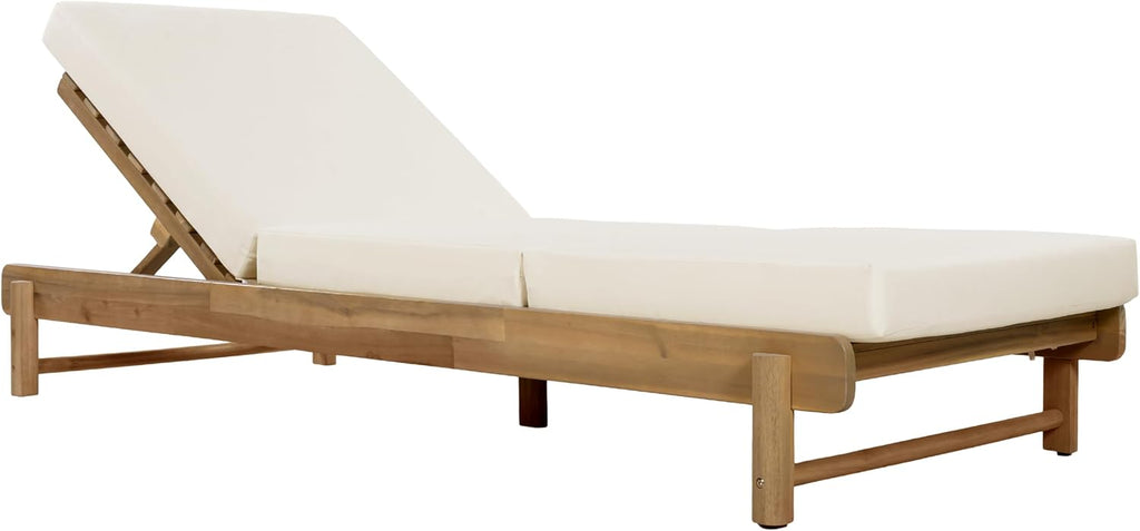 Patio Acacia Wood Chaise Lounge w/ Cushion, Outdoor Folding Chair Recliner | 1 Frame + 1 3-Fold 4" Thick Cream