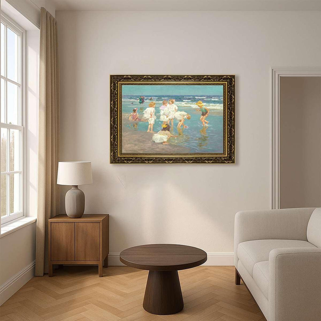 Framed Vintage Wall Art Children Playing at the Beach Poster Canvas Print Oil Paintings Reproduction World Classics