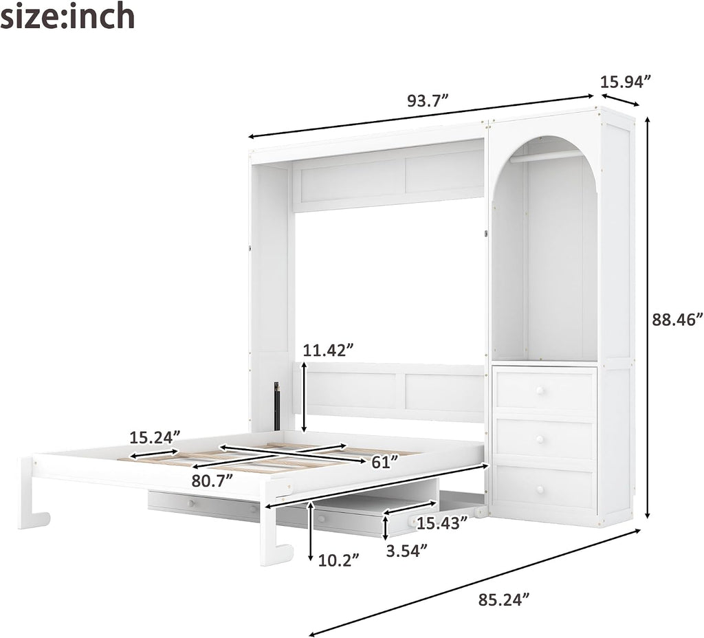 Queen Murphy Bed with Desk, Storage Shelf, 3 Drawers, Solid Wood Frame, 800 lbs Capacity, Easy to Install, Quiet