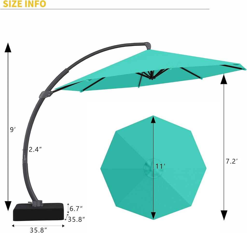11ft Offset Cantilever Patio Umbrella with Base Included, Large Round Aluminum Outdoor Umbrella - Turquoise Blue