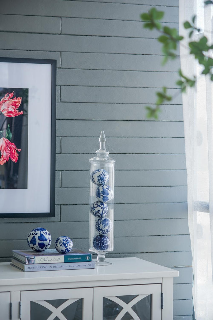 Set of 6 Porcelain Decorative Spheres - Handcrafted Blue and White Floral Orbs Decor, Tabletop Accent, Shelf Display