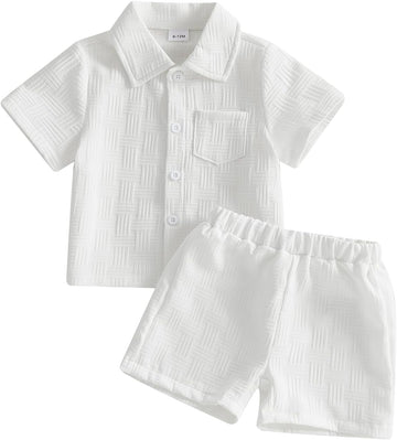 Toddler Boy Outfit Button Down Shirt Short Sleeve Tops Elastic Waist Shorts Solid Baby Clothes Summer Outfits