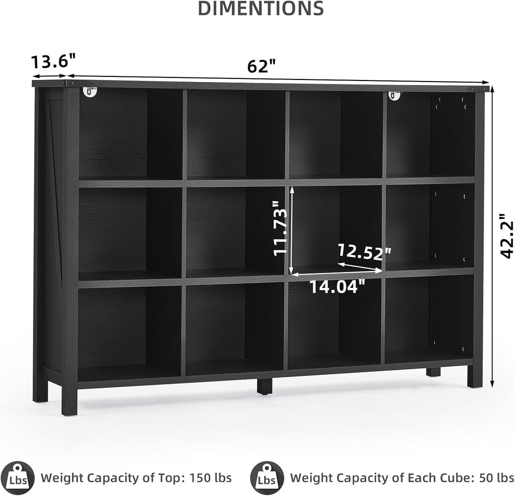 12 Cube Storage Organizer, Farmhouse 62 Inch Wide Black Oak Display Bookshelf, Wooden 3 Tier Large Open Book Shelf