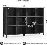 12 Cube Storage Organizer, Farmhouse 62 Inch Wide Black Oak Display Bookshelf, Wooden 3 Tier Large Open Book Shelf