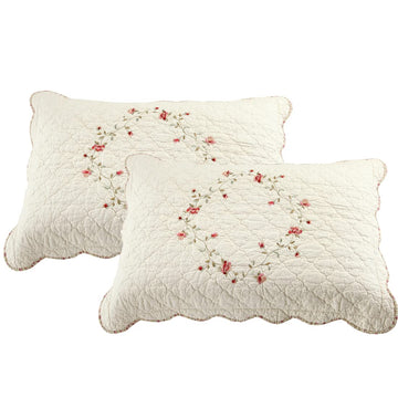 2-Piece Elegant Floral Embroidered Pillow Shams Queen Size 100% Cotton Quilted Decorative Pillow Shams Set