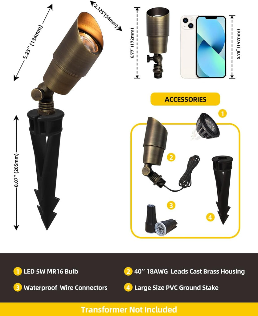 Die-cast Brass Low Voltage Spotlight 1-Pack with 5W Aluminum Housing MR16 LED Bulb 2700K 450LM CRI85+,12V AC/DC