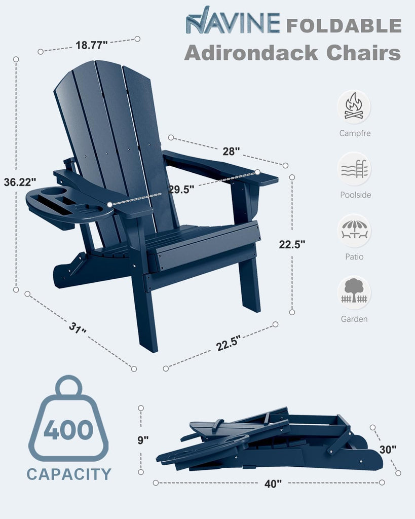 Folding Adirondack Chairs Set of 2 with Cup Holder, HDPE, Navy Blue | Fire Pit Chair with Multifunctional Cup Holder