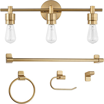 5-Piece Bathroom Accessory Set with 3-Light Vanity Fixture, Matte Brass Finish, Open Socket Design, Towel Bar, Towel