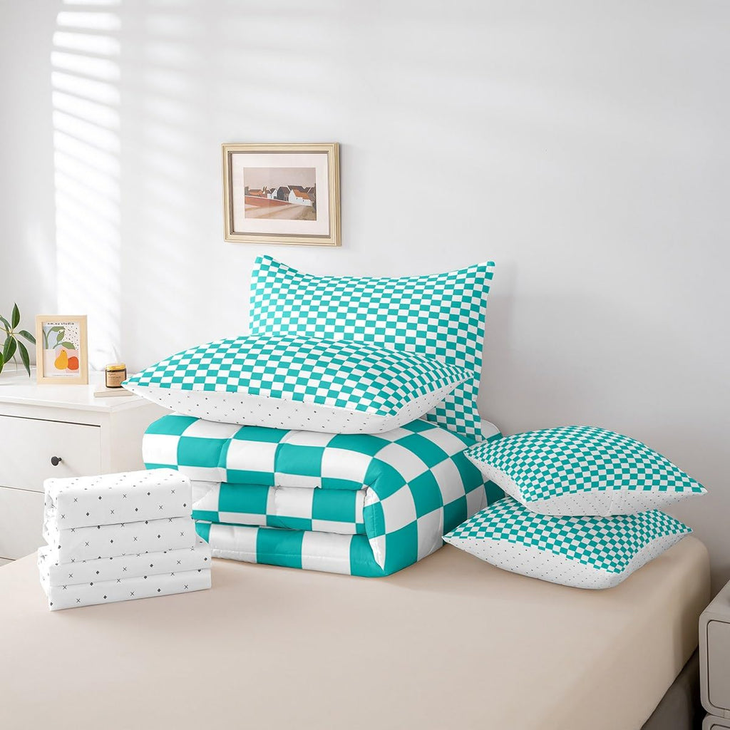 Teal Checkered Comforter Set with Sheets 7 Piece
