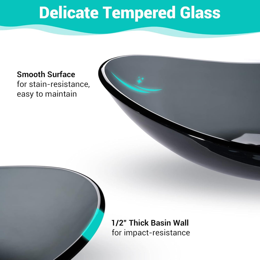 Tempered Glass Bathroom Vessel Sink Oval Vanity Above Counter Top Mount Basin Clear Grey Industrial Modern