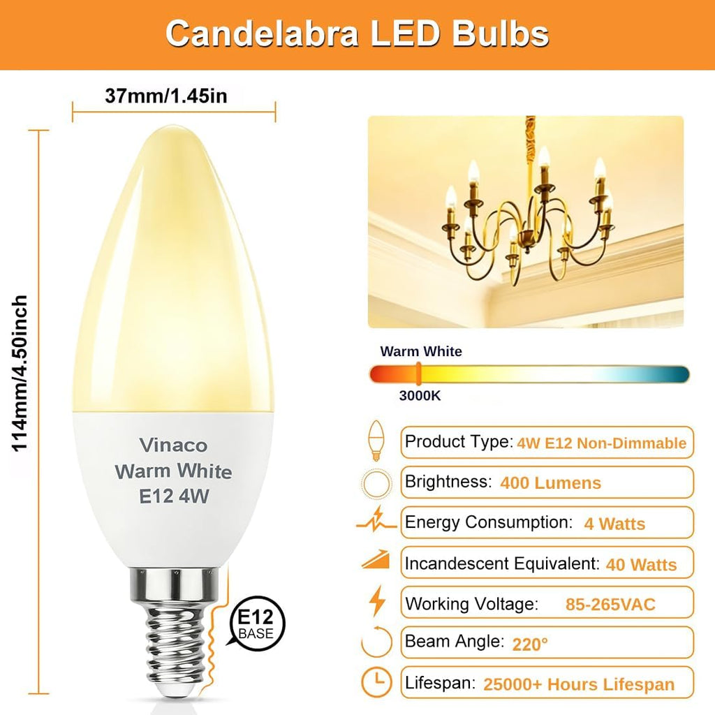 E12 LED Candelabra Bulb 4W 3000K Warm White for Ceiling Fan Light