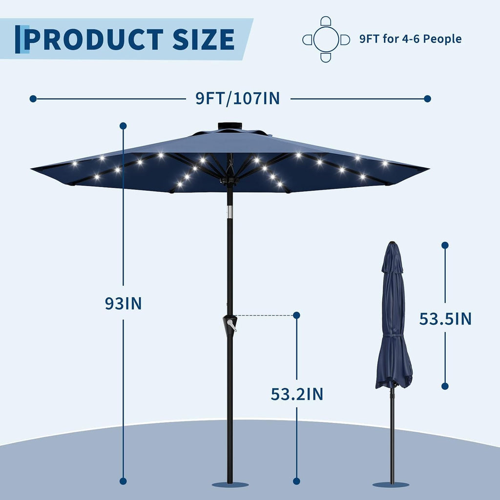9FT Solar Patio Umbrella with 32 LED Lights