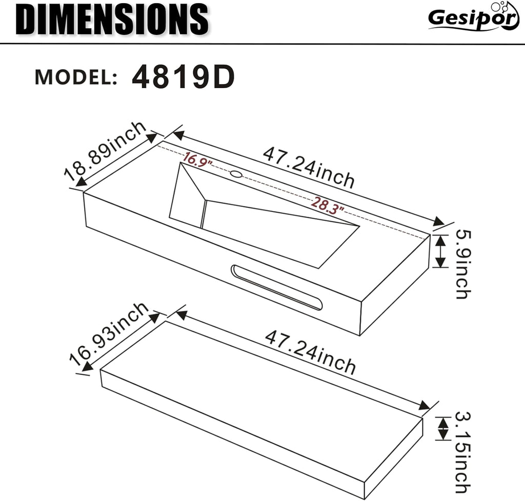 48"x19" Wall-Mount Stone Resin Bathroom Sink Rectangular Vessel Sinks for Bathroom Floating Vanity Sink Trough