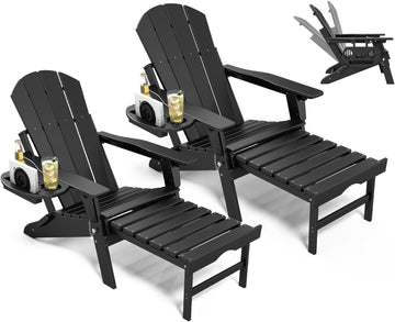 Adjustable Adirondack Chair Set of 2 with Retractable Ottoman, Black | Folding HDPE Chair with Multifunctional Cup