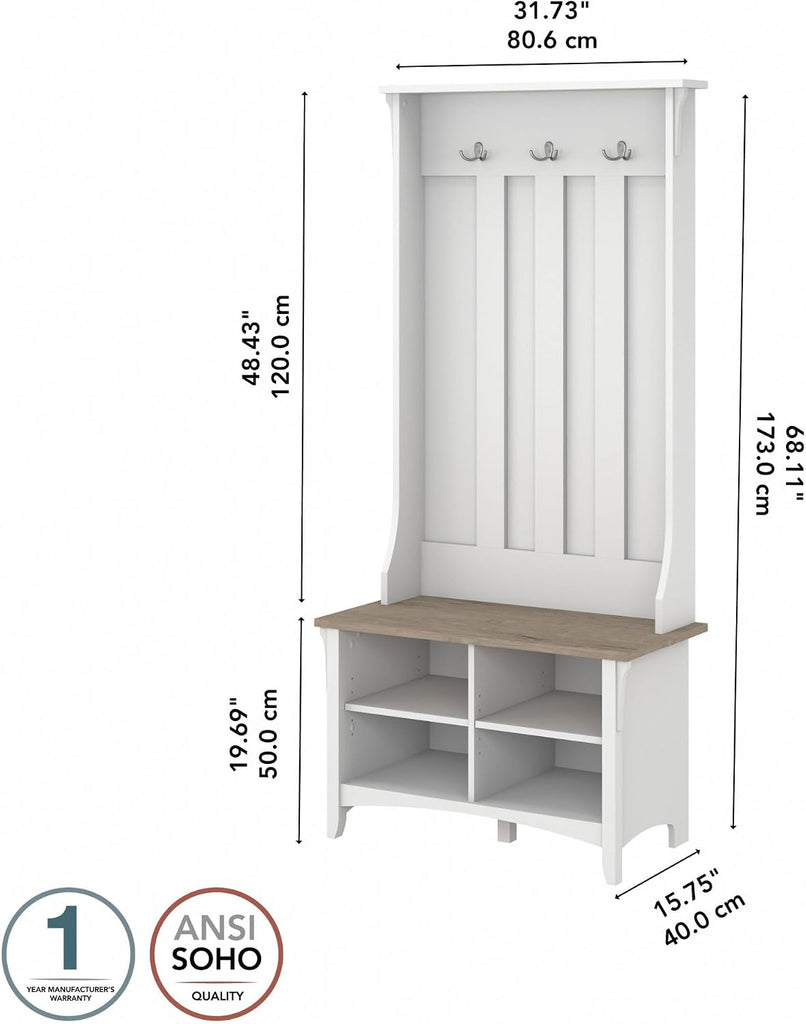 Salinas Hall Tree with Shoe Storage Bench in Shiplap Gray and Pure White, Multi-Purpose Home Organizer, Entryway