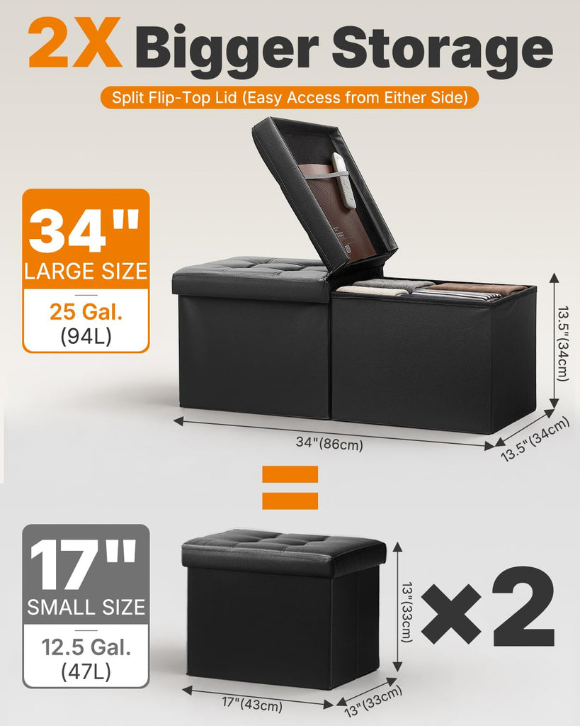 Footrest Ottoman Storage Bench, 34" Leather Folding Chest, Black