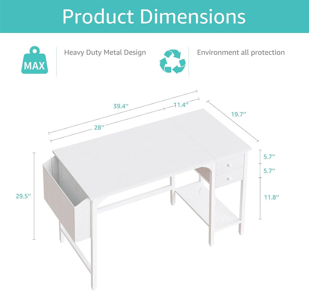White Small Desk with Drawers - 40 Inch Computer Desk for Small Space Home Office