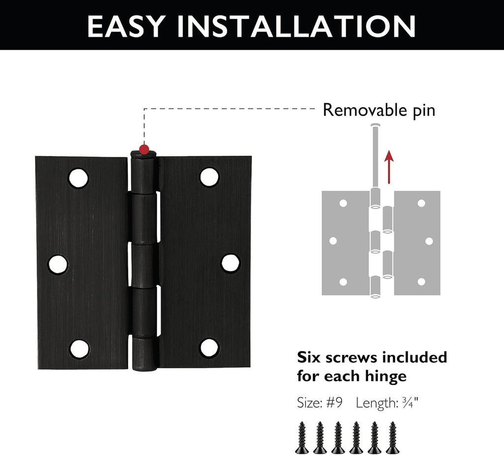9-Pack Oil Rubbed Bronze Door Hinges - 3.5-inch x 3.5-inch - Square Corner Radius Steel Door Hinge