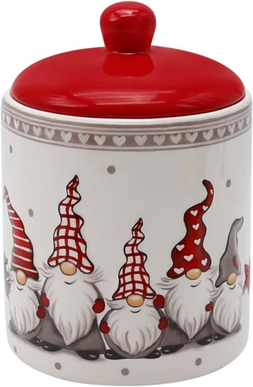 Christmas Cookie Jar, Red & White Ceramic Canister with Lid