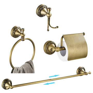 Antique Brass Bathroom Accessories, Retro Adjustable Bathroom Hardware, Brass Bath Towel Bar Set 24 Inch 4 Piece