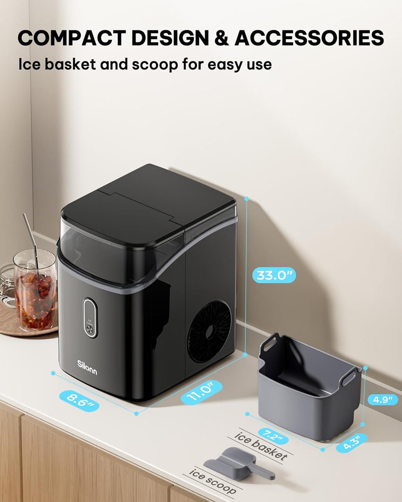Nugget Ice Maker Countertop, Pebble Ice Makers with Crushed Soft Chewable Ice, 33lbs Per Day with Scoop, Pellet