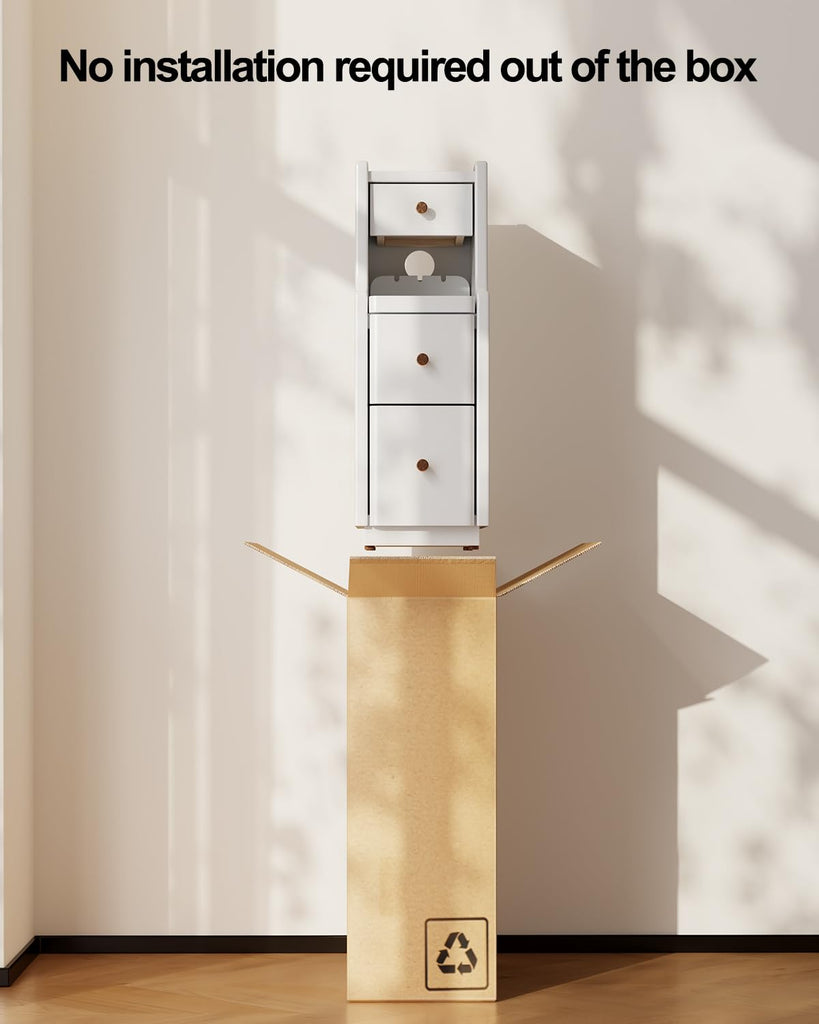 Solid Wood Narrow Nightstand with 3 Drawers, Modern White, Fully Assembled