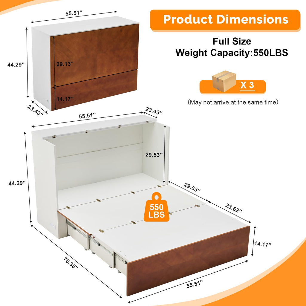 Full Murphy Bed with Storage Drawer, 2 Charging Station, Rustic & Scandinavian Style Foldable Bed Cabinet, Hideaway