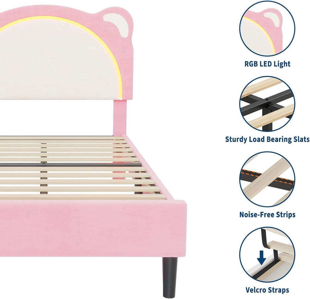 Pink Bed Frame Twin XL Size with LED Lights & Adjustable Headboard | Cute Bear Ear Kids Bed Frames, Velvet