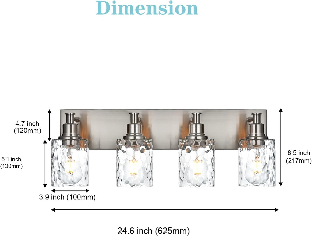 4-Light Bathroom Vanity Light Fixture Brushed Nickel Industrial Wall Sconce Lighting with Hammered Glass Shade