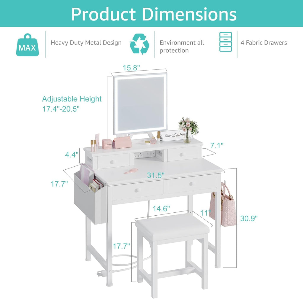 White Makeup Vanity Desk with Mirror and Lights, Vanity Set with Chair, Make Up Dresser Table with Drawers and Power