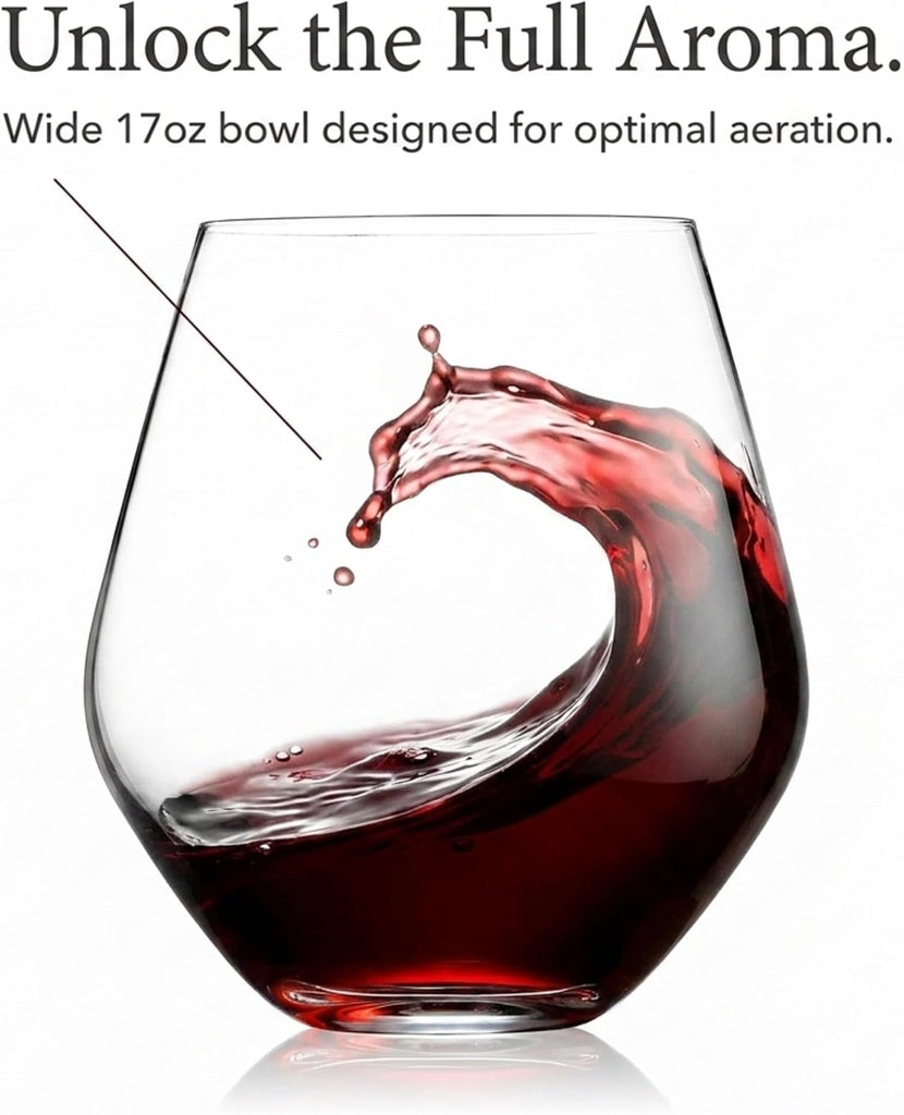 Wine Glasses, Stemless Wine Glasses, Red Wine Drinking Glasses, Stemless Wine Glass - 17oz, Set of 4 - Made in Europe