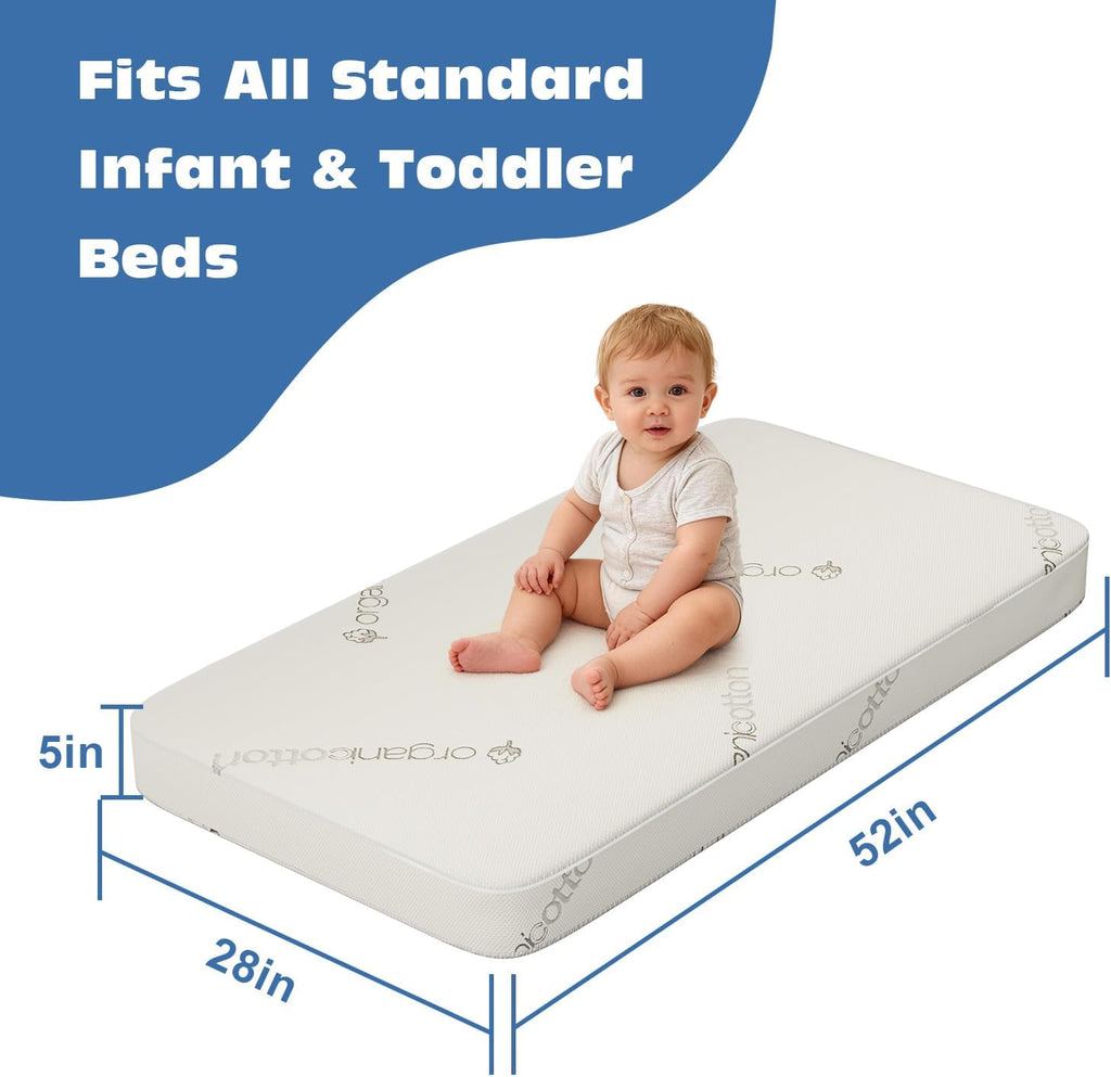 Crib & Toddler Mattress, 100% Organic Cotton Cover, Breathable, Premium Foam Interior, 5'' Thickness Firm, Fits Any