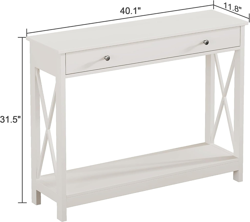 White Console Table with Drawer and Storage Shelves, Foyer Sofa Table Narrow