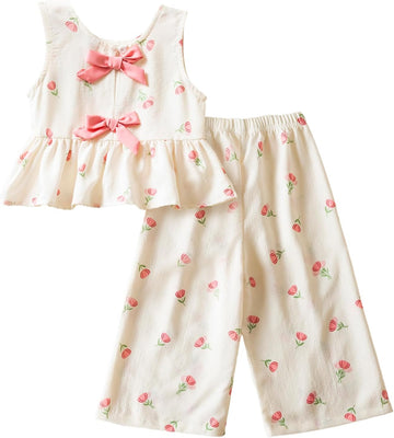 Toddler Baby Girl Summer Clothes Outfits Sleeveless Ruffle Peplum Top Wide Leg Pants 2Pcs Set