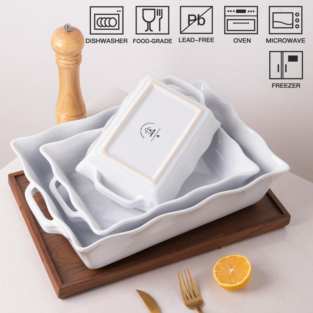 Casserole Dishes for Oven, Ceramic Bakeware Set of 3, Rectangular dish with Handles, Wave Edge Lasagna Pan Deep for
