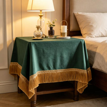 Luxury Green Velvet Nightstand Cover with Gold Tassel Fringe, Decorative Bedside Table Cloth, Dust-Proof Dresser