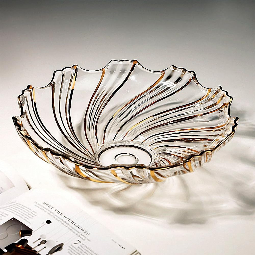 Large Hand Painted Gold Whirlwind shaped Crystal Glass Decorative Bowl-12.6 inch Diameter.