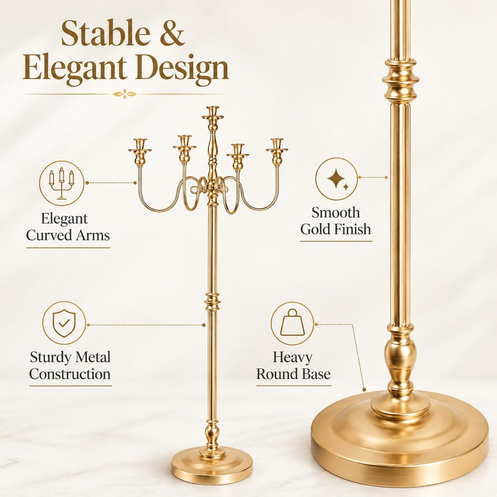 Gold Candelabra Floor Candle Holders, 2 Pack 50 Inch Tall 5 Arm Metal Candelabra Centerpieces for Tables, Wedding