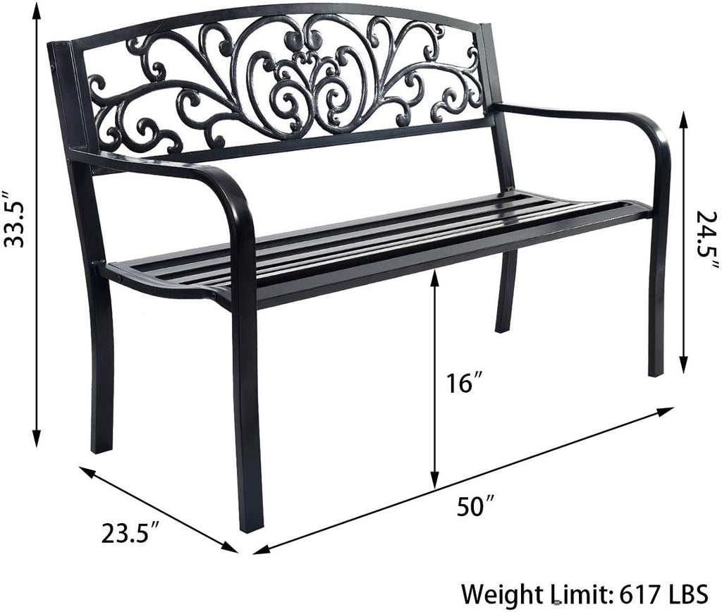 50" Patio Garden Bench, Loveseats Park Yard Furniture, Black Steel Cast Iron Frame Chair, Metal Bench Outdoor with
