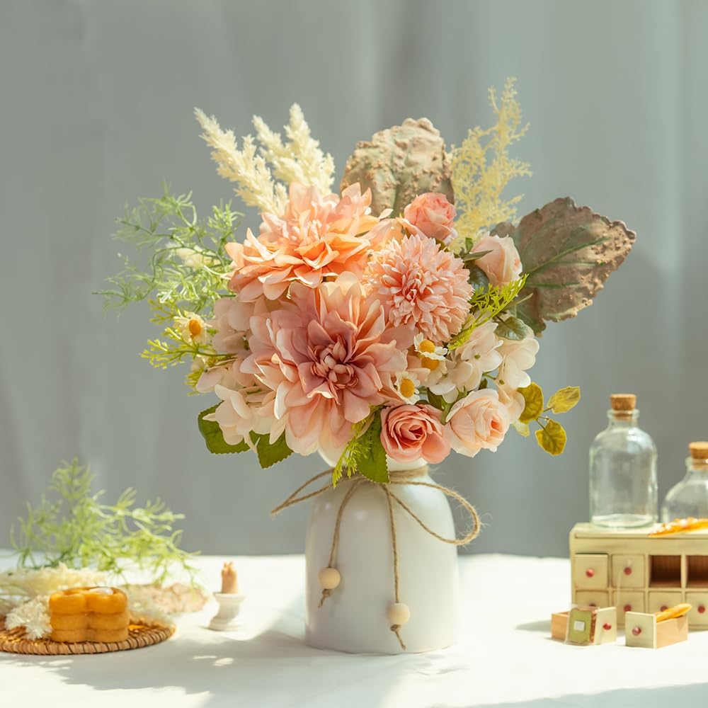 Fake Flowers with Vase Silk Dahlia Artificial Flowers in Vase Faux Hydrangea Flowers Arrangements with Vase