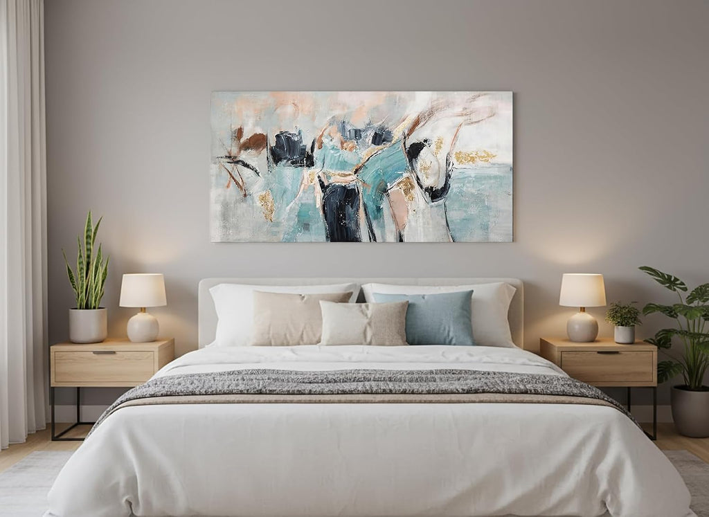 Large Framed Wall Art Abstract Canvas Print Teal Black Gold Artwork Modern Brushstroke Wall Decor Soft Neutral Shapes