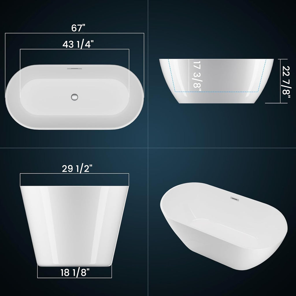 Freestanding Bathtubs 67 inch Acrylic Stand Alone Tub - White Finish with Chrome Drain, Deep Ergonomic Oval Soaking